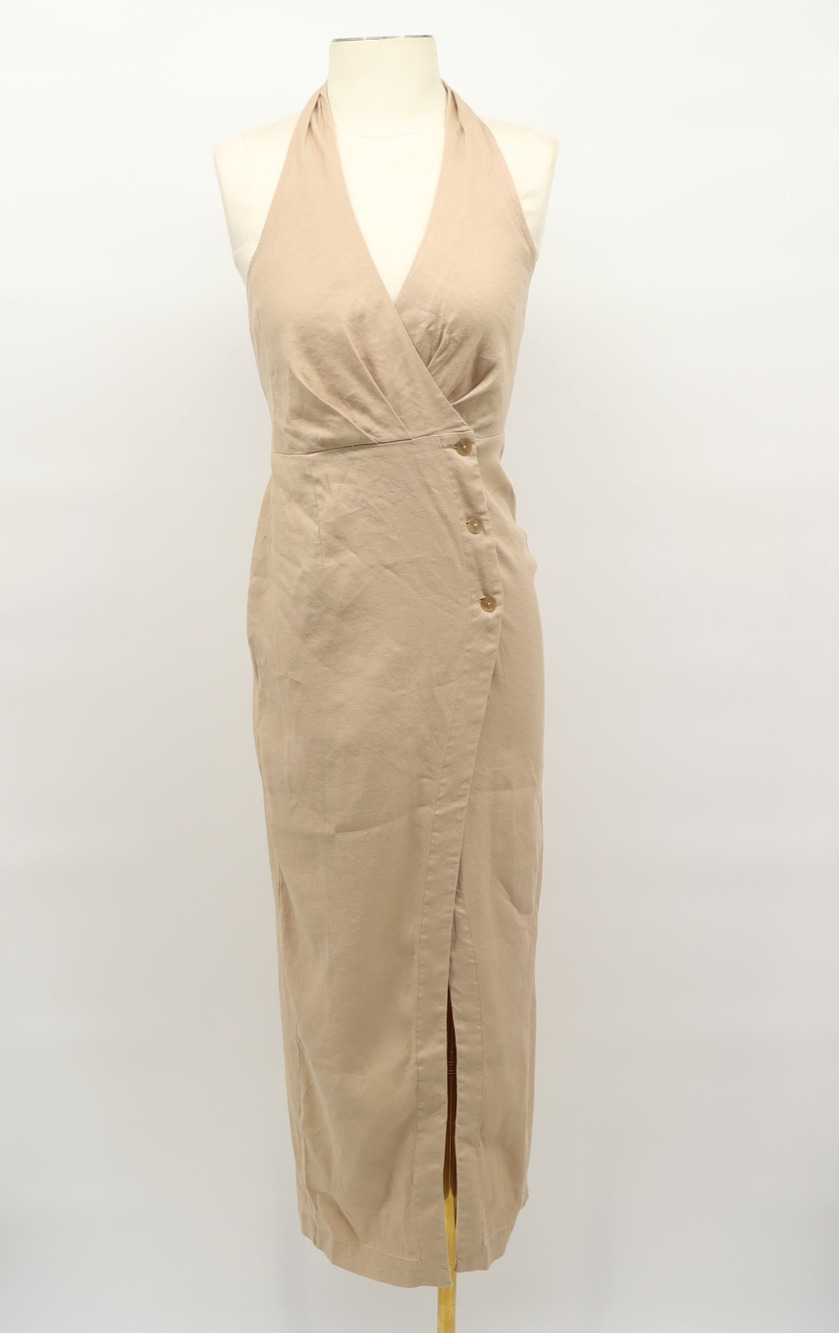 Anthropologie NWT Neutral Linen Halter Faux Wrap XS Midi Dress Quiet Luxury